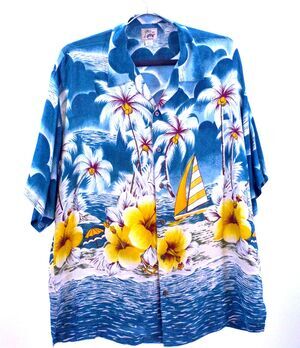 Mens Silk Hawaiian Shirt XL Tropical Beach Palm Tree Sailboat Floral Camp Collar